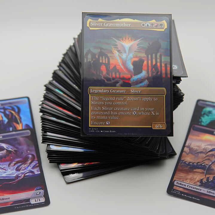 Complete sleeved Commander deck prepared for pickup.
